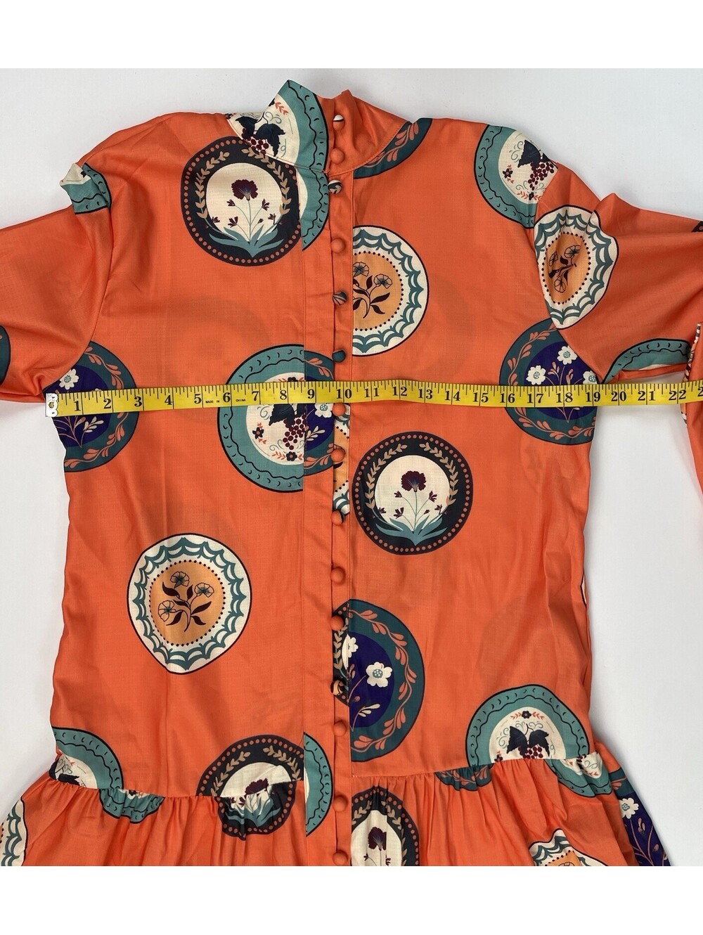 Amina Glam Orange Print Mini Dress 6 Long Sleeve Belted Flounce Hem Button Front - Picture 6 of 8